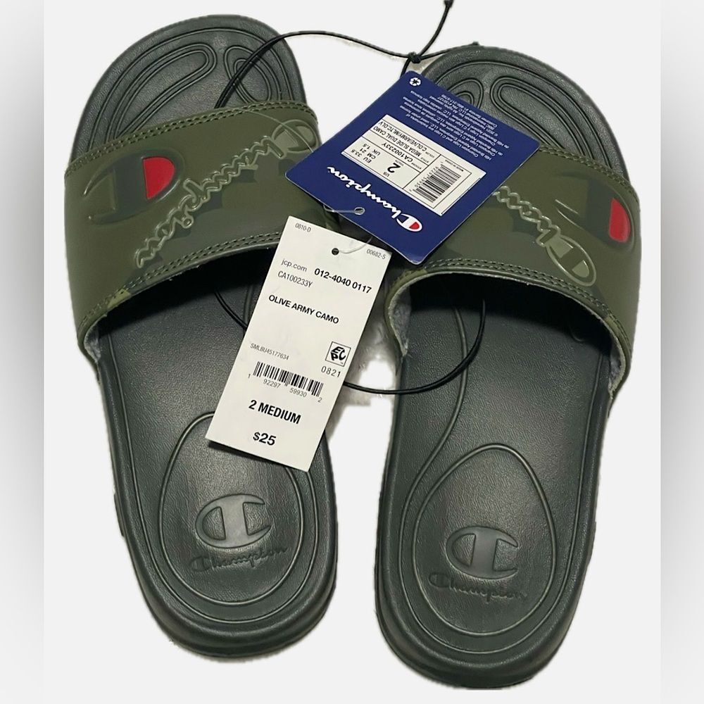 Champion Army Green Slides, Big Kids Slippers, Size 2, Indoor/Outdoor, Childrens